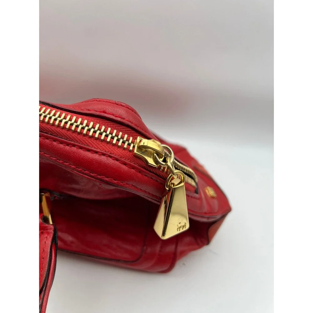 L.A.M.B. Gwen Stefani Red Leather Satchel Handbag Racing Stripe Tassel Gold HW